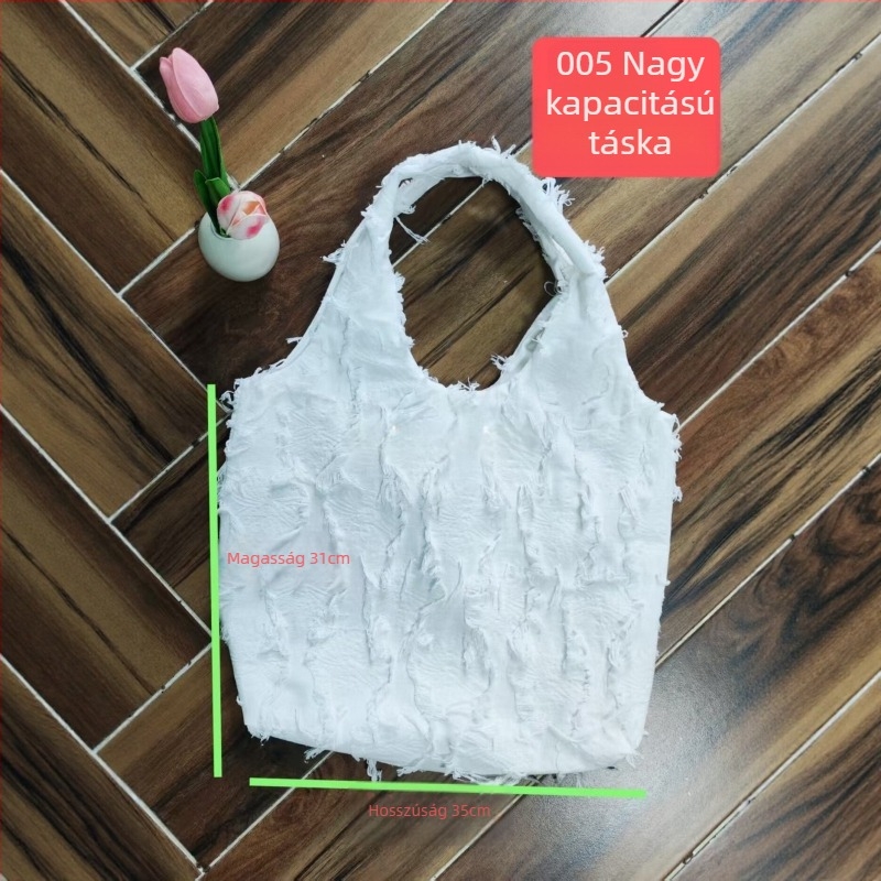 Tie-dye etnikus stílusú nagy kapacitású tote táska nőknek, fehér-kék bojtokkal a vállon, divatos és sokoldalú