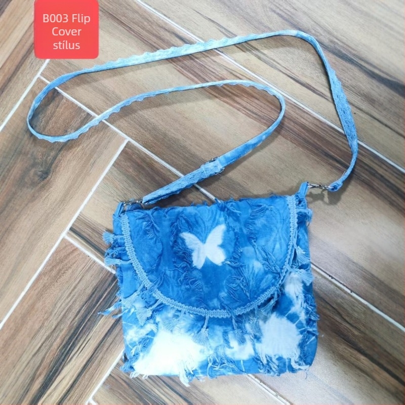 Tie-dye etnikus stílusú nagy kapacitású tote táska nőknek, fehér-kék bojtokkal a vállon, divatos és sokoldalú