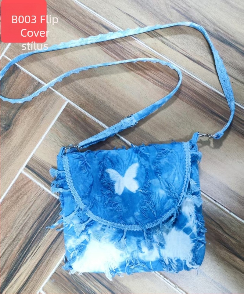 Tie-dye etnikus stílusú nagy kapacitású tote táska nőknek, fehér-kék bojtokkal a vállon, divatos és sokoldalú