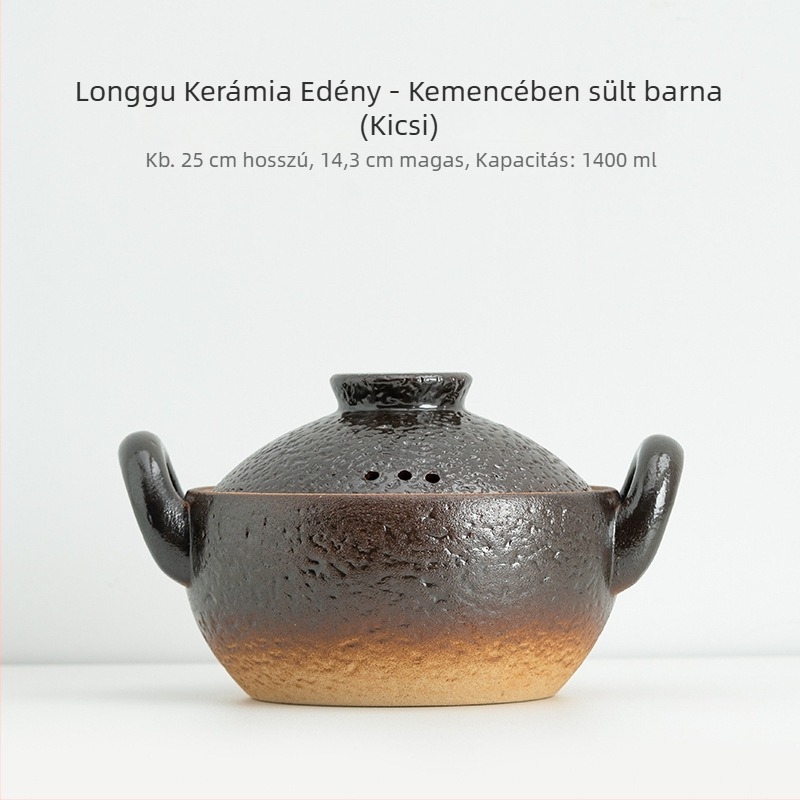 Vintage kerámia dupla fogantyús edény levesekhez és pörköltekhez, kis lapos aljú kerámia edény, kiváló hőállóságú, alkalmas gázfőzőre és nyílt lángra