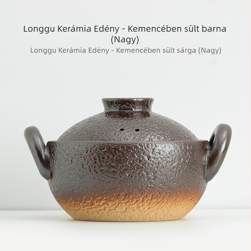 Vintage kerámia dupla fogantyús edény levesekhez és pörköltekhez, kis lapos aljú kerámia edény, kiváló hőállóságú, alkalmas gázfőzőre és nyílt lángra