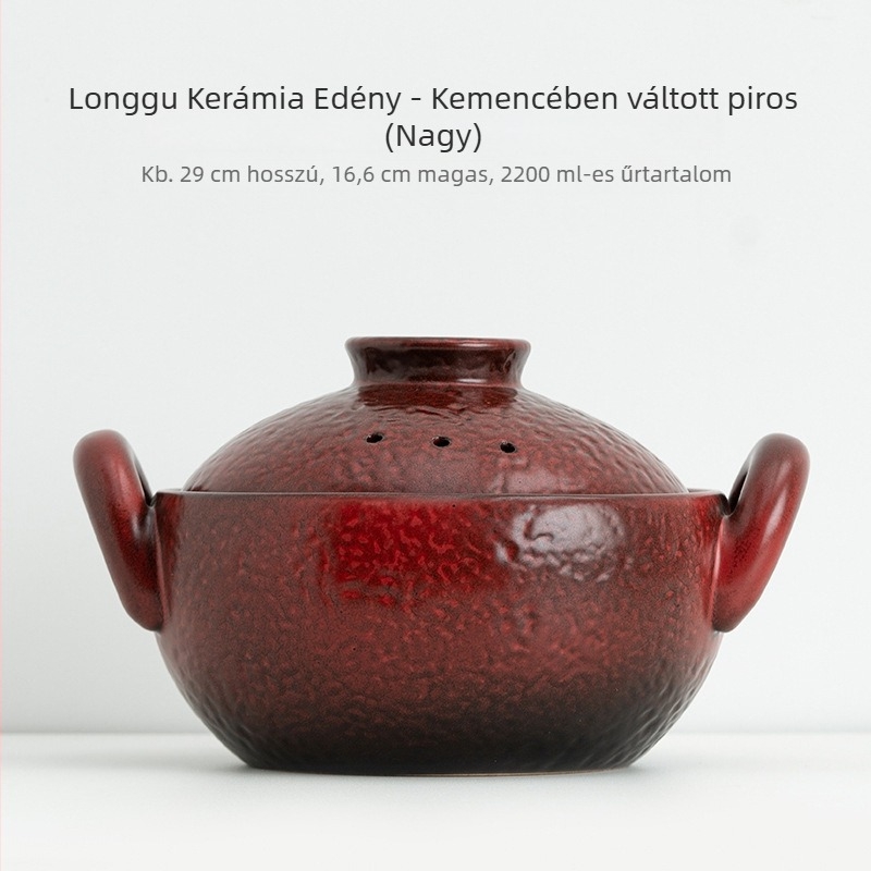 Vintage kerámia dupla fogantyús edény levesekhez és pörköltekhez, kis lapos aljú kerámia edény, kiváló hőállóságú, alkalmas gázfőzőre és nyílt lángra