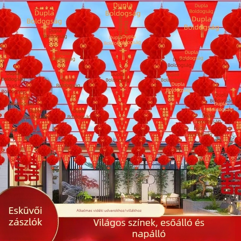 Esküvői háromszög zászlókból álló girland kivágott boldogság betűkkel, többszínű zászlók és kis lámpák