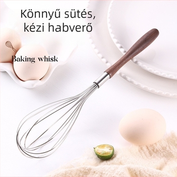304 rozsdamentes acélből készült kézi tojáshabosító fa fogantyúval – háztartási és kereskedelmi használatra, liszt és krém keverésére.
