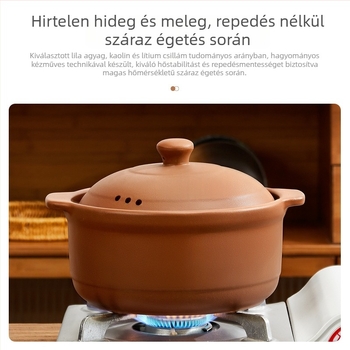 Agyagból készült levesestál gázsütőhöz, glazúr nélküli, kerámiás fedővel, magas hőállóságú, kapacitás 3,1–4 L