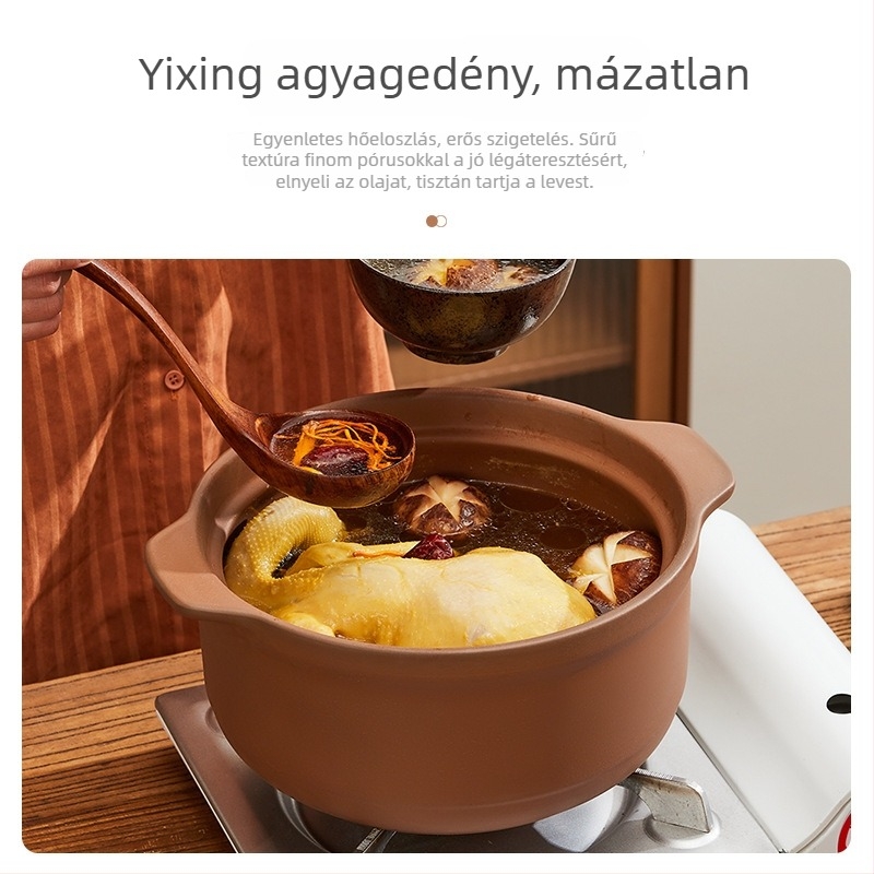Agyagból készült levesestál gázsütőhöz, glazúr nélküli, kerámiás fedővel, magas hőállóságú, kapacitás 3,1–4 L