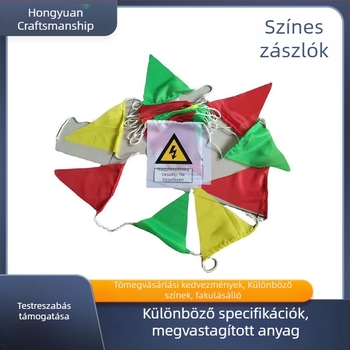 Öt színű háromszög zászlófüzér kötélről - kültéri dekoráció megnyitókhoz, fesztiválokhoz és esküvőkhöz