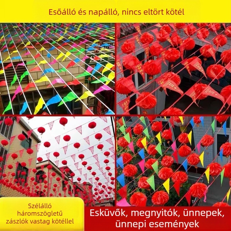 Többszínű háromszög zászlófüzér poliészter anyagból, logó nyomtatással, esküvők, megnyitók és kültéri rendezvények számára