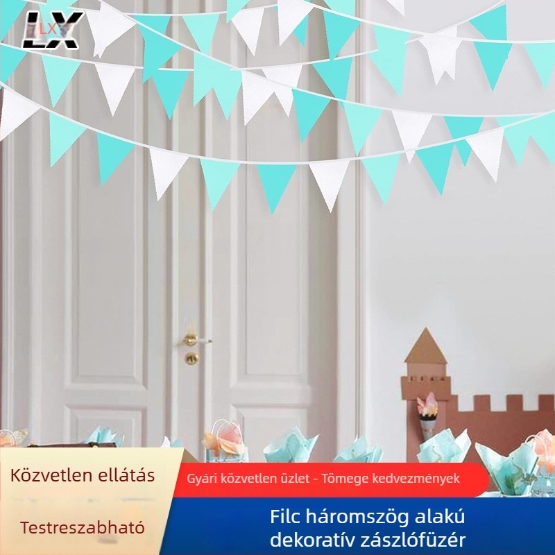 Világoskék filc háromszög zászlók óvodai születésnapi dekoráció