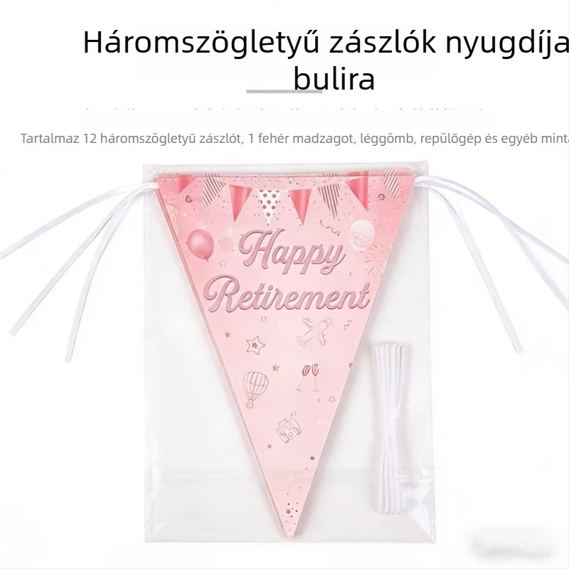Rozé arany nyugdíjas buli dekoráció – háromszög zászlófüzér, háttér dekoráció strandos nyaralási stílusban