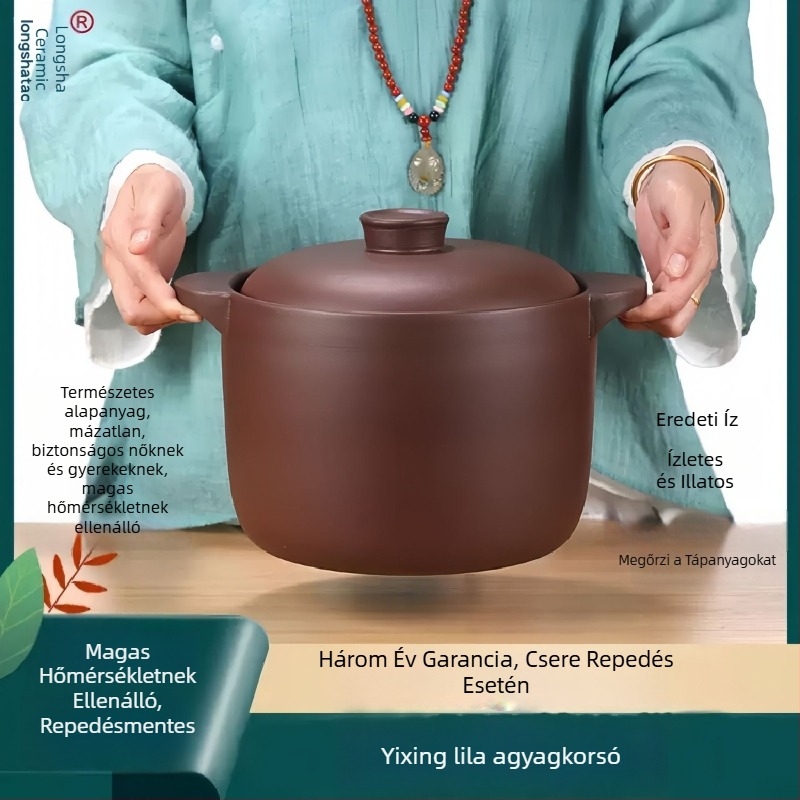 6 literes fazék lila homokból készült pörköltökhöz és levesekhez, máz nélküli agyag, gáztűzhelyhez kompatibilis, magas hőállóságú, kör alakú fedél