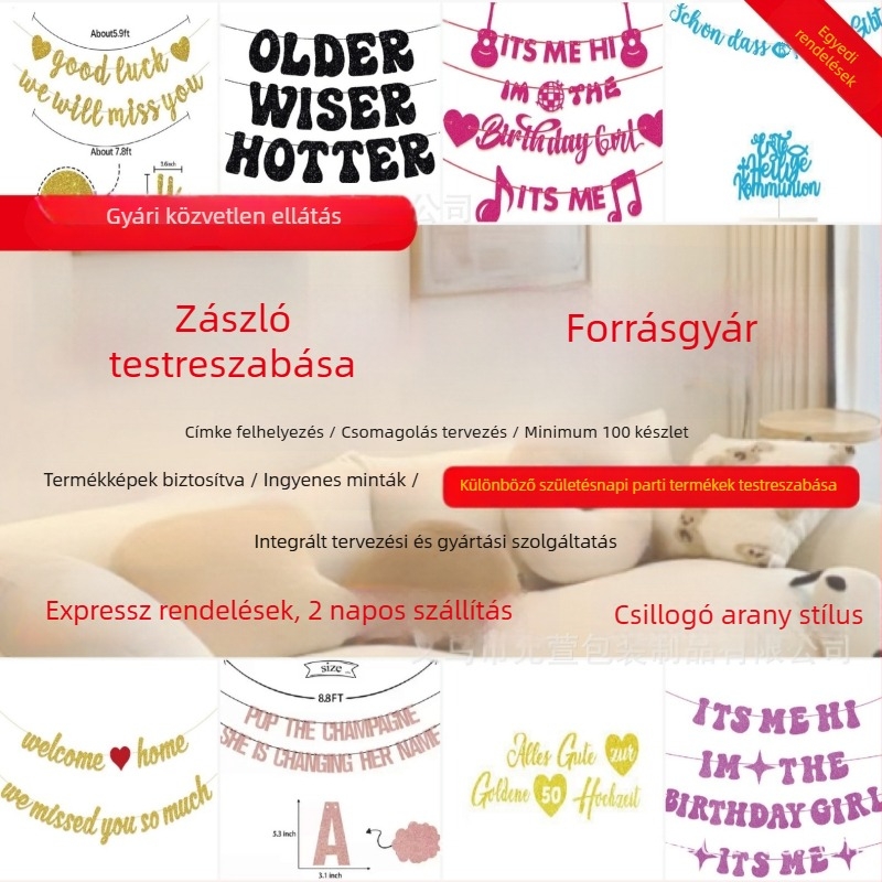 Roz glitteres születésnapi zászlóbanner - papírzászlók, bot nélkül, logó nyomtatás elérhető