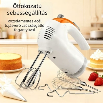 Kézi, magas teljesítményű elektromos mixer otthoni sütéshez — tojás felverése, tészta dagasztása és tejszín felverése.