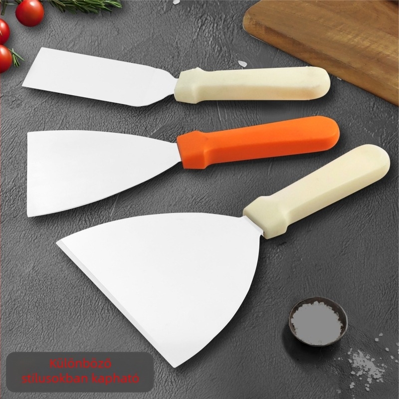 Műanyag fogantyújú rozsdamentes acél spatula BBQ-hoz és teppanyaki-hoz, háromszög alakú steak spatula