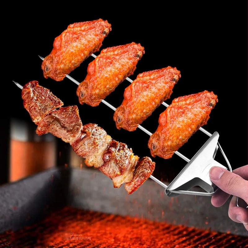 Háromágú rozsdamentes acél grillnyársak, háztartási használatra, félautomata