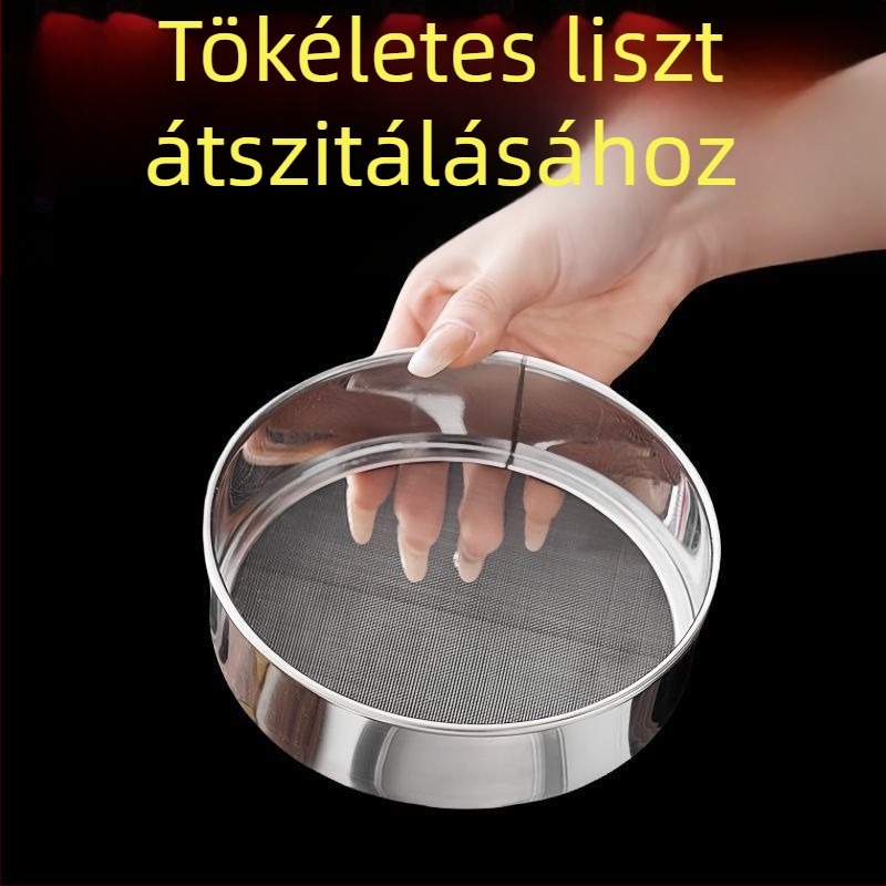 Rozsdamentes acél liszt-szitáló, kézi használatra, kör alakú szita ultrafin hálóval, konyhai sütéshez