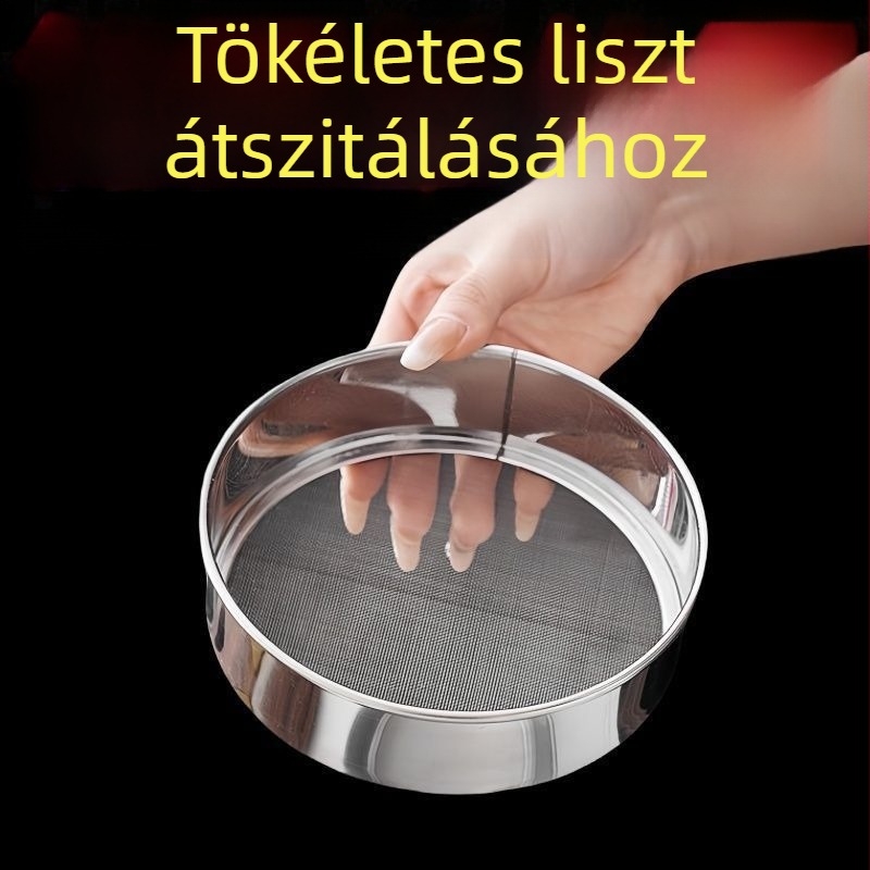 Rozsdamentes acél liszt-szitáló, kézi használatra, kör alakú szita ultrafin hálóval, konyhai sütéshez