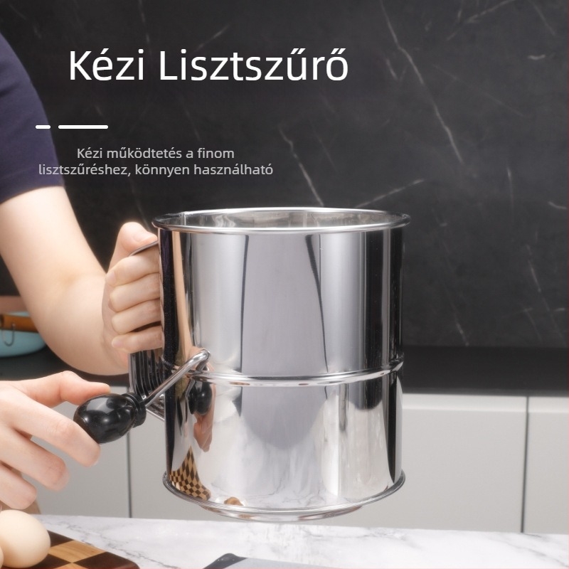 Személyre szabott rozsdamentes acélú kézi forgó lisztszitó, nagy kapacitású 8 csésze, sütéshez.