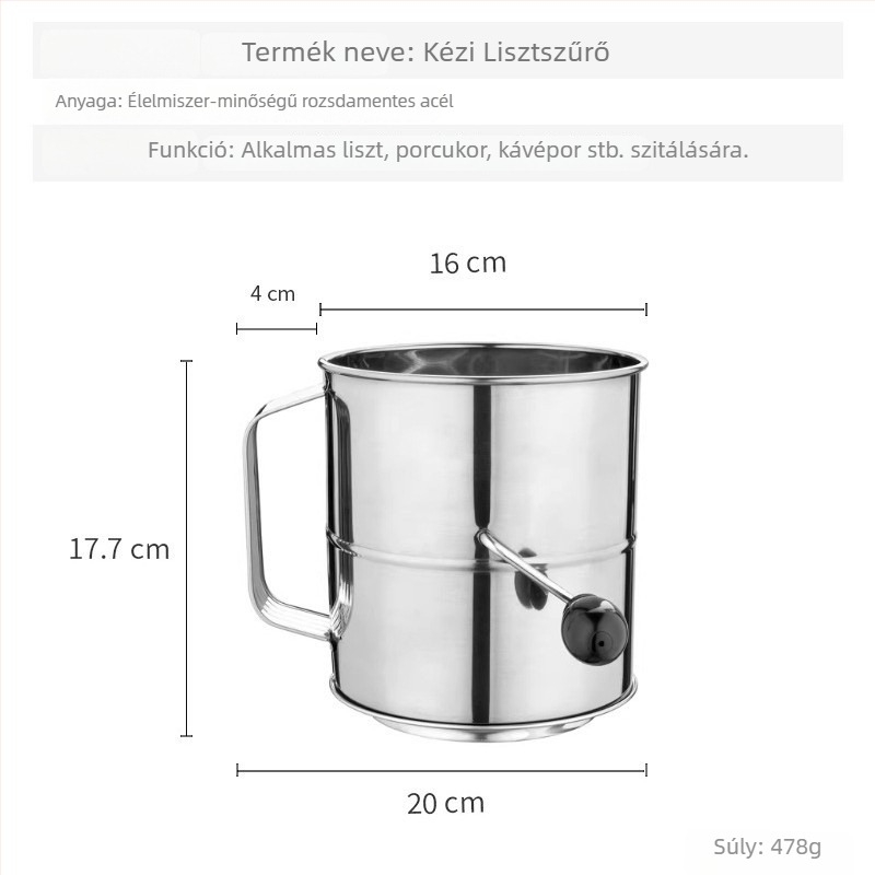 Személyre szabott rozsdamentes acélú kézi forgó lisztszitó, nagy kapacitású 8 csésze, sütéshez.