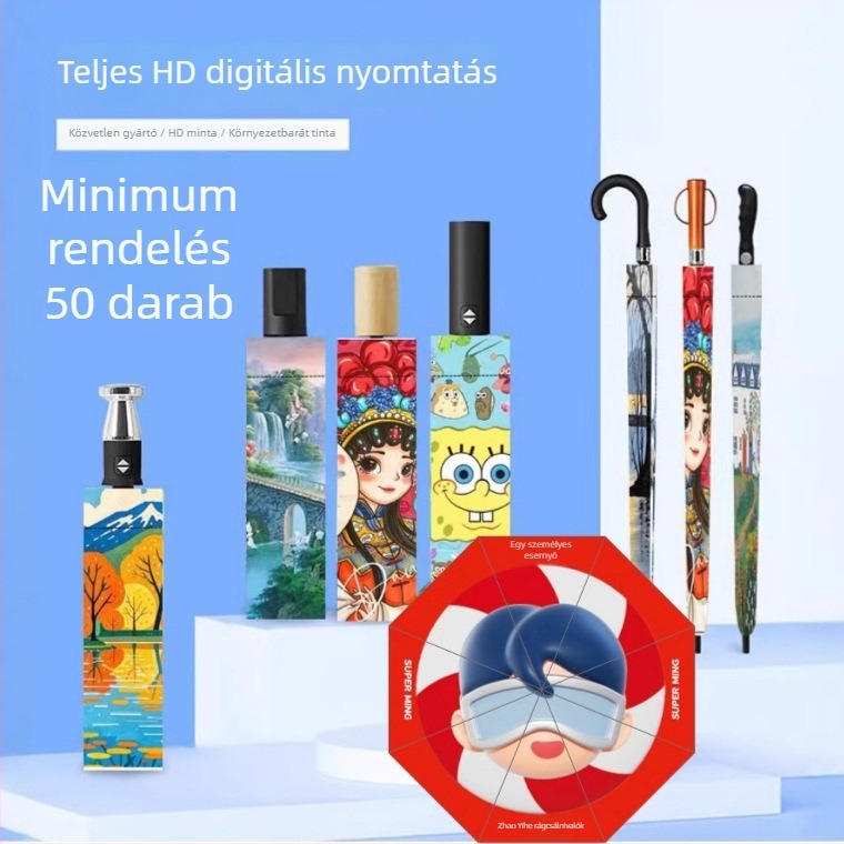 Egyedi mintás esernyő teljes digitális nyomtatással, logónyomtatás, íves fogantyú, egyenes nyél, reklám esernyő
