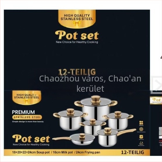 Fan Disheng 12 darabos rozsdamentes acél edénykészlet, tapadásmentes bevonattal és arany fogantyúkkal