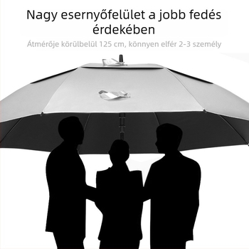 Egyedi, extralarge kettős rétegű golfesernyő titán-ezüst bevonattal, UV-védelem, egyenes nyél, szélálló, logó nyomtatás lehetséges