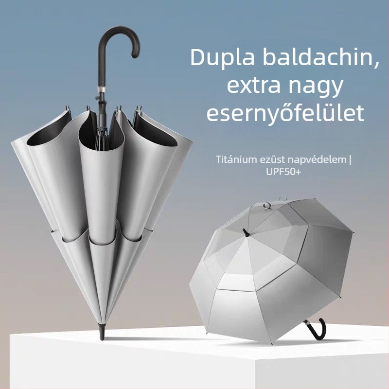 Egyedi, extralarge kettős rétegű golfesernyő titán-ezüst bevonattal, UV-védelem, egyenes nyél, szélálló, logó nyomtatás lehetséges