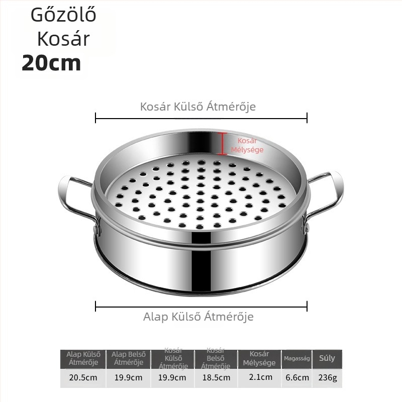 Rozsdamentes acélból készült gőzölő kosár háztartási és kereskedelmi használatra, méretek 12–60 cm, alkalmas párolt zsemlék és gombócok számára