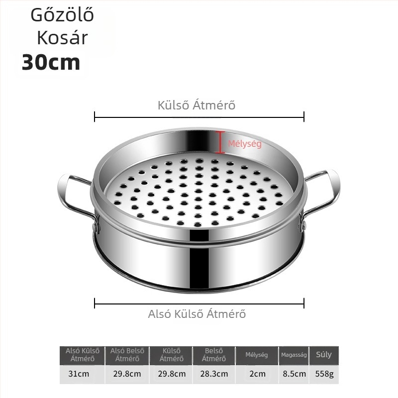 Rozsdamentes acélból készült gőzölő kosár háztartási és kereskedelmi használatra, méretek 12–60 cm, alkalmas párolt zsemlék és gombócok számára
