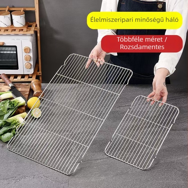 Rozsdamentes acél négyszögletes grillháló leeresztővel és zsírelválasztóval, sütéshez, torta és kenyér hűtéséhez