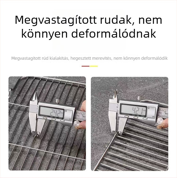 Rozsdamentes acél négyszögletes grillháló leeresztővel és zsírelválasztóval, sütéshez, torta és kenyér hűtéséhez