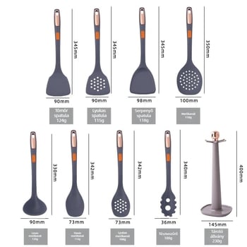 7 darabos szilikon konyhai készlet tárolóállvánnyal, főzőkanál és spatula, hőálló és tapadásmentes.