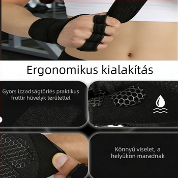 Félujjú edzőkesztyű integrált csukló- és tenyérvédővel, bőrkeményedés elleni és dörzsölés elleni védelemmel, uniszex, súlyemeléshez és húzáshoz