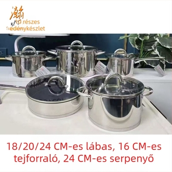 10 darabos rozsdamentes acél edénykészlet, tejfőző, leveses edény és serpenyő, indukciós tűzhelyhez, fedő üveg, dupla aljú, 201-es rozsdamentes acél