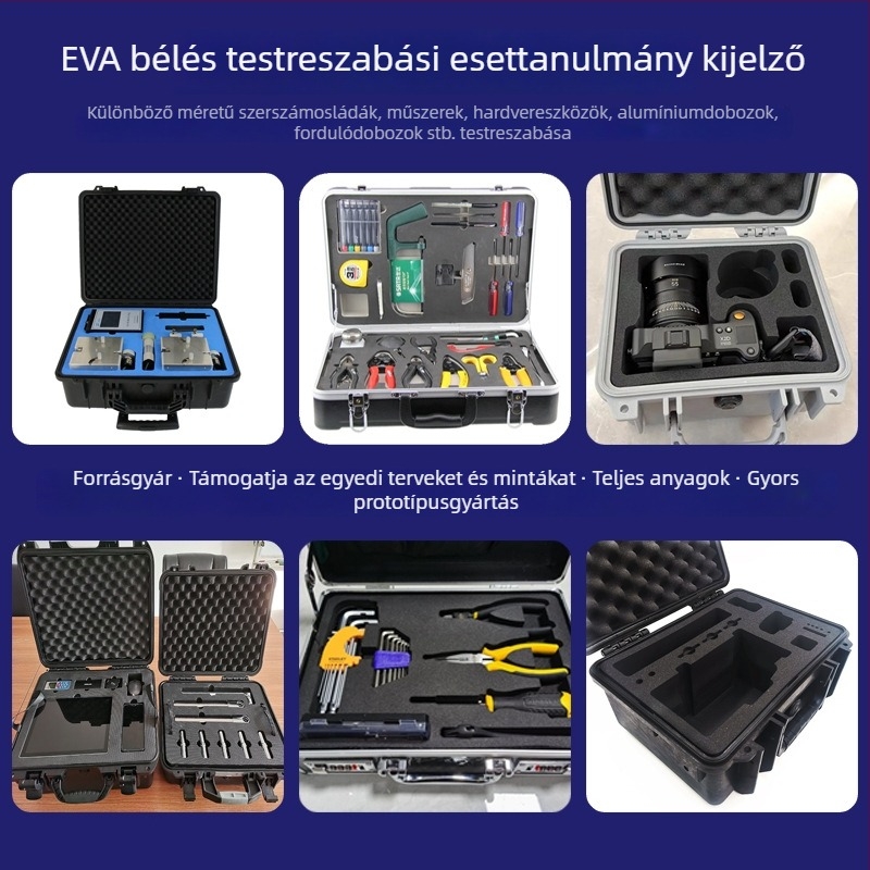 Személyre szabható EVA-borítású alumínium szerszámos doboz habbetéttel és CNC-gravírozott egyrészes EVA belső tálcával, 28–80°
