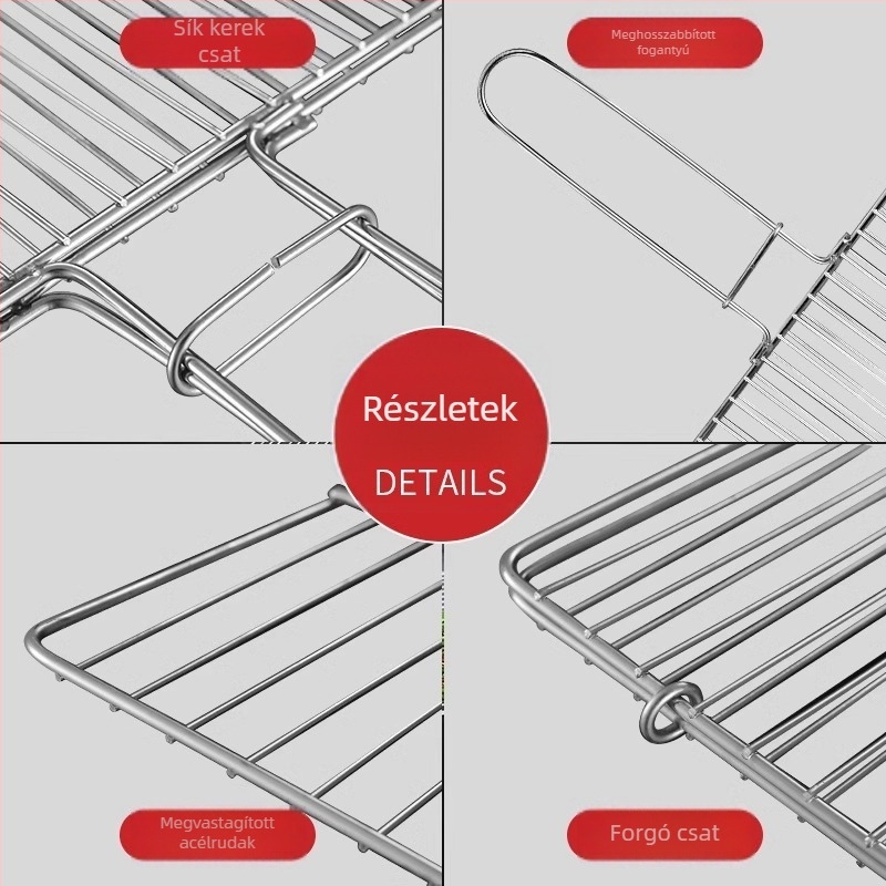 Rozsdamentes acél grill-kiegészítő készlet: halcsipesz, grillháló és grillrács