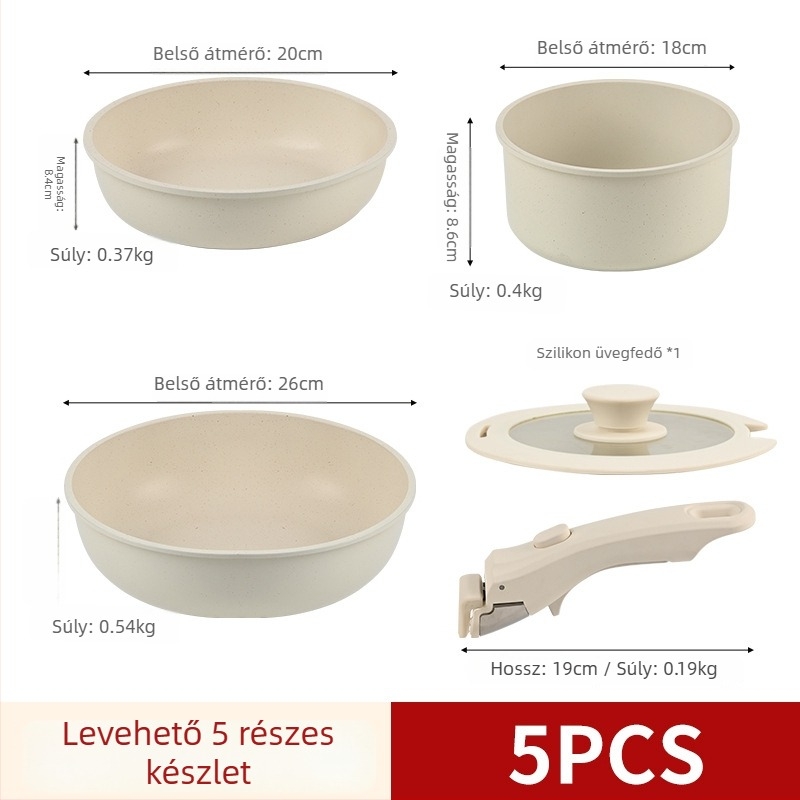 Leválasztható fogantyúval rendelkező tapadásmentes edénykészlet otthoni használatra: tejfőző edény, leveses fazék, serpenyő – univerzális gáz- és indukciós főzőfelülethez