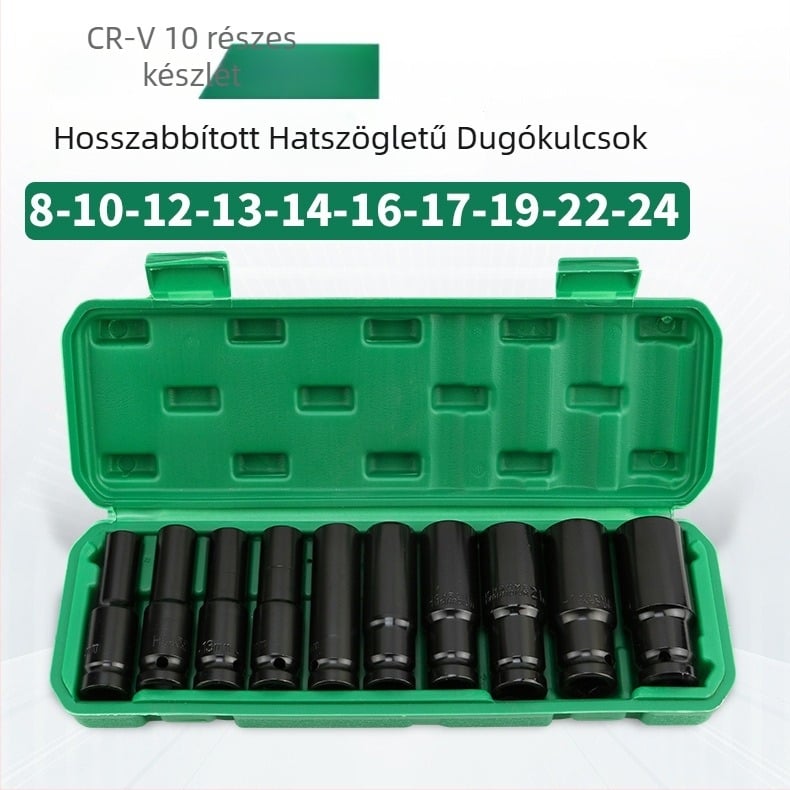 10 részes pneumatikus hosszabbított sockets készlet, 1/2 hüvelykes hajtás, fekete elektroplakált felület, CR-V anyag, autójavítási eszközök