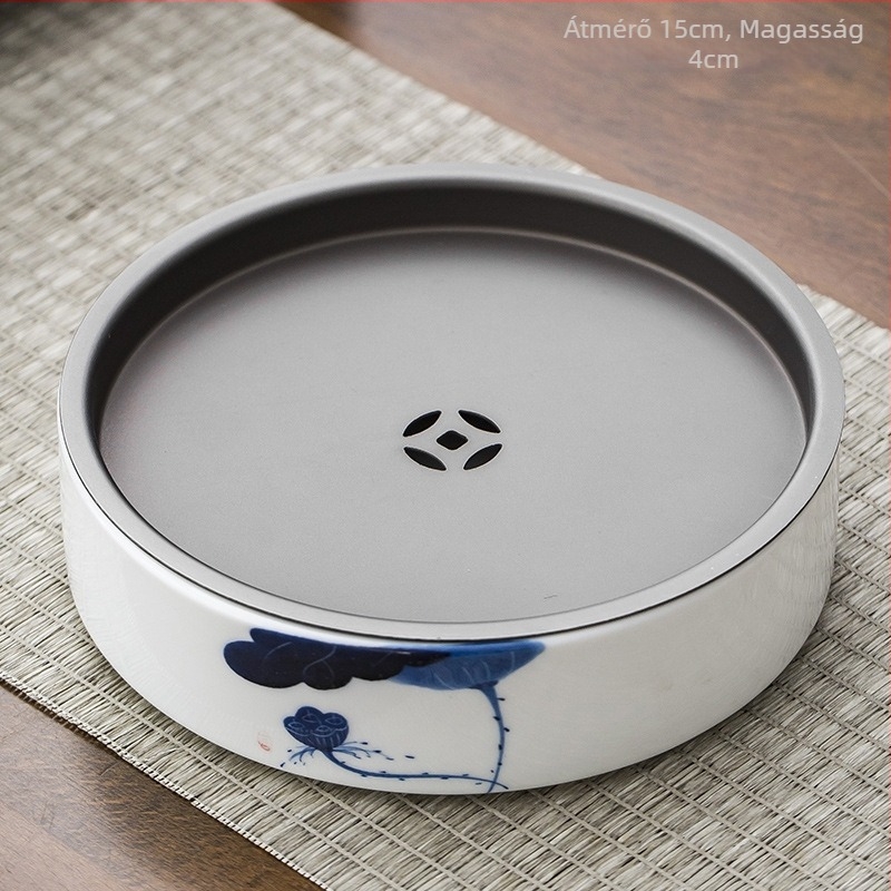 Kézzel festett porcelán teáskanna alglazúrral, jad színű, tartóval és teátálcával kung-fu tea ceremóniához