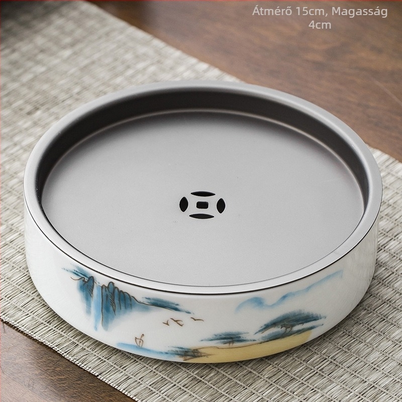 Kézzel festett porcelán teáskanna alglazúrral, jad színű, tartóval és teátálcával kung-fu tea ceremóniához