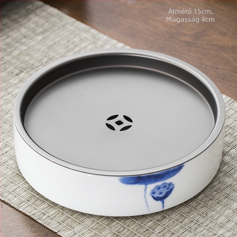 Kézzel festett porcelán teáskanna alglazúrral, jad színű, tartóval és teátálcával kung-fu tea ceremóniához