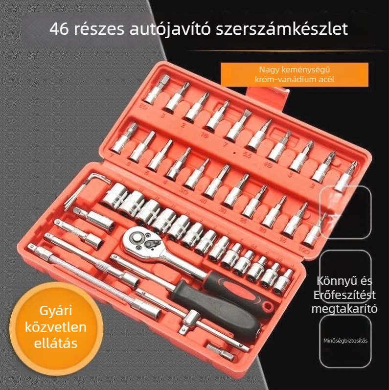 46 részes autójavító szerszámkészlet dugókulcs-készlettel és bitkészlettel