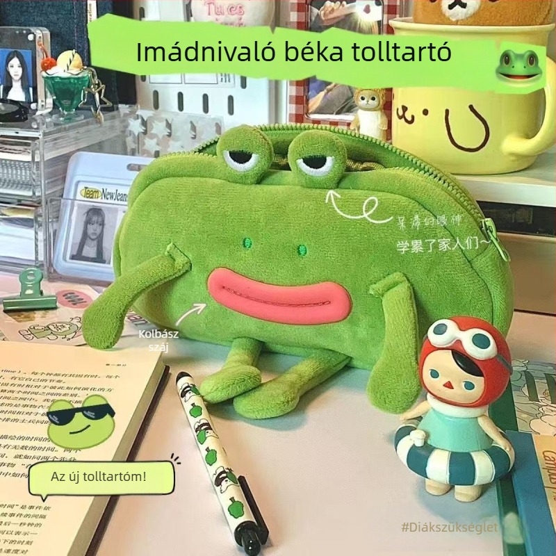 Kreatív és mókás plüss tolltartó béka nagy szájjal, diákoknak, nagy kapacitású, csúf-aranyos asztali tároló