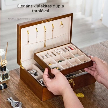 Zárható tömörfa ékszerdoboz, velúr béléssel, többszintes rekesz szervezővel a karkötőknek, gyűrűknek, nyakláncoknak és fülbevalóknak