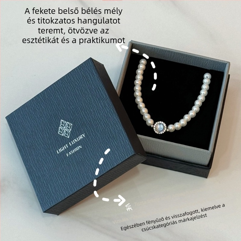 Egyszerű és elegáns kétszintes ékszerdoboz aranyozott mintával, gyöngy nyaklánc és kristály ékszerek tárolására, ajándékcsomagolás.