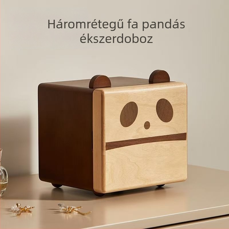 Fából készült panda alakú ékszertartó, aranyos, háromszintes doboz fülbevalókhoz, nyakláncokhoz és gyűrűkhöz