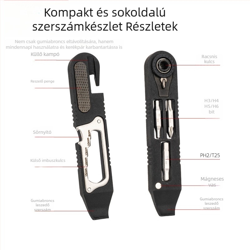 Kerékpár javító készlet, többfunkciós szerszámkészlet, defektjavító eszköz, hatszögletű csavar, kattintós kulcs és kerékpár kiegészítők