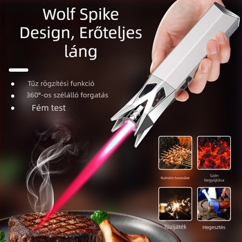 Fém farkas motívummal öngyújtó, szélálló jet lánggal, kültéri barbecue-hoz