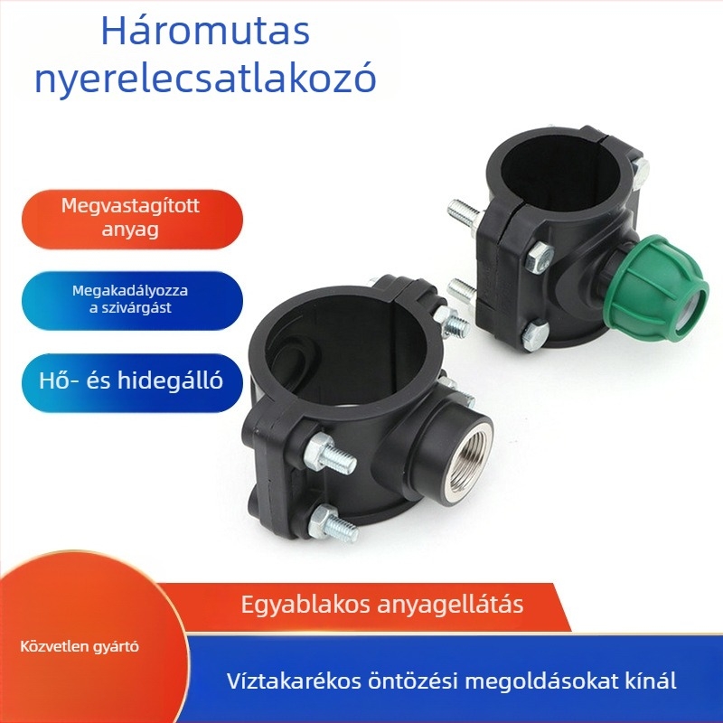 PE nyeregszorzó háromutas csatlakozó belső menettel, víz elosztó öntözéshez, 20–63 mm