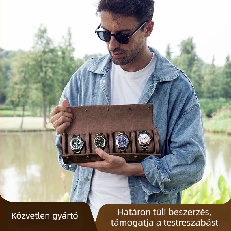 Retro marhabőr karóra tok, cilindrikus formájú, négy rekesz, hordozható utazási tároló